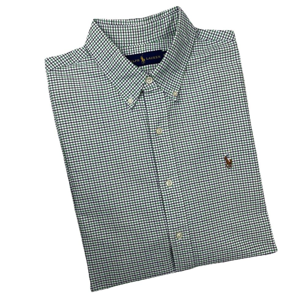 Ralph Lauren Mens Shirt Green Blue Check Button Down Long Sleeve Pony Preppy-XL